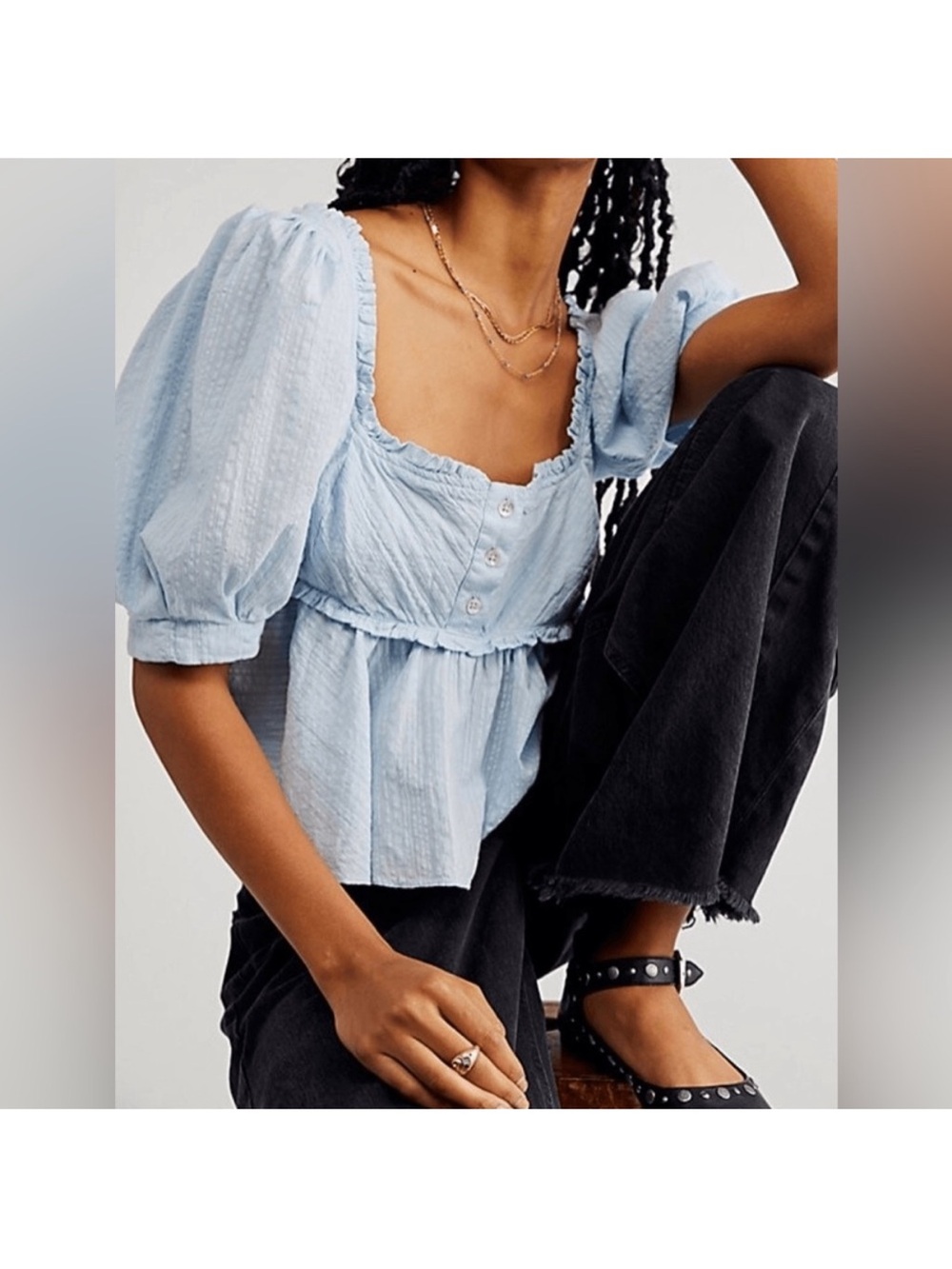 Free People Leave It To Me Babydoll Crop Square Neck Top Blue Tan size Small